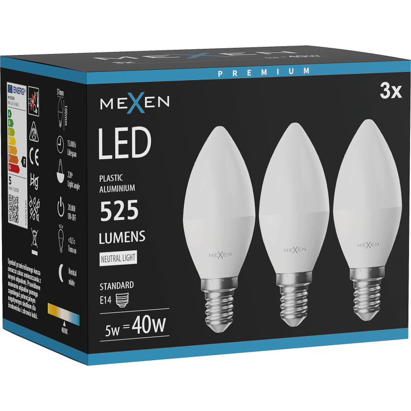 Mexen Nova 3x LED-Glühbirne E14, C37, 5W, Neutral - 4000K, 525 lm - L102-E14-0540-01x03