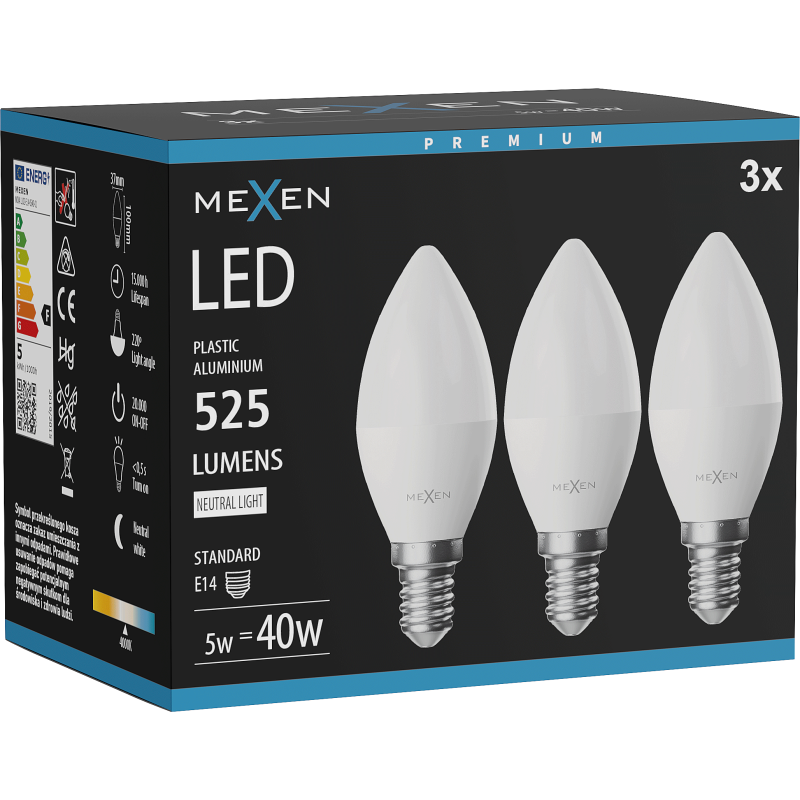Mexen Nova 3x żarówka LED E14, C37, 5W, Neutralna - 4000K, 525 lm - L102-E14-0540-01x03