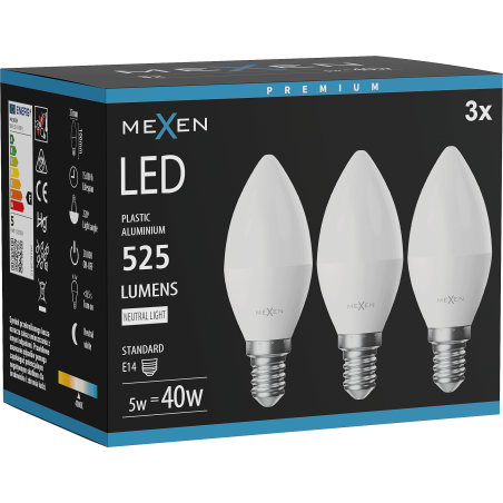 Mexen Nova 3x LED-lamppu E14, C37, 5W, Neutraali - 4000K, 525 lm - L102-E14-0540-01x03