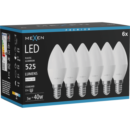 Mexen Nova 6x Bombilla LED E14, C37, 5W, Neutral - 4000K, 525 lm - L102-E14-0540-01x06
