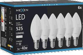 Mexen Nova 6x LED spuldze E14, C37, 5W, Neitrāla - 4000K, 525 lm - L102-E14-0540-01x06