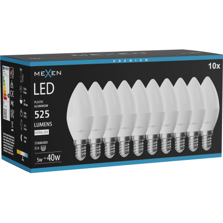 Mexen Nova 10x Bombilla LED E14, C37, 5W, Neutra - 4000K, 525 lm - L102-E14-0540-01x10