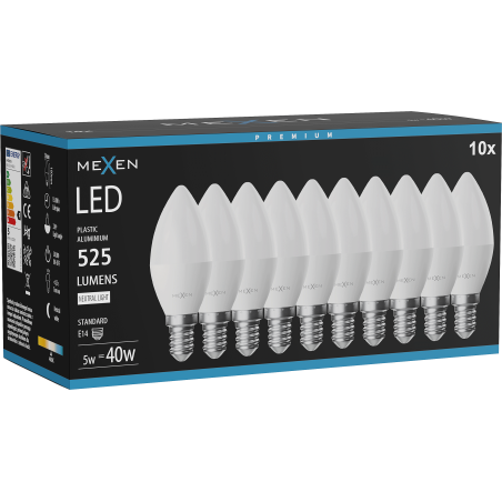 Mexen Nova 10x LED-pirn E14, C37, 5W, Neutraalne - 4000K, 525 lm - L102-E14-0540-01x10