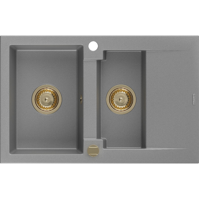 Mexen Gaspar granieten aanrecht 1,5-kommer met afdruiprek 737 x 475 mm, grijs, gouden sifon - 6507731505-71-G