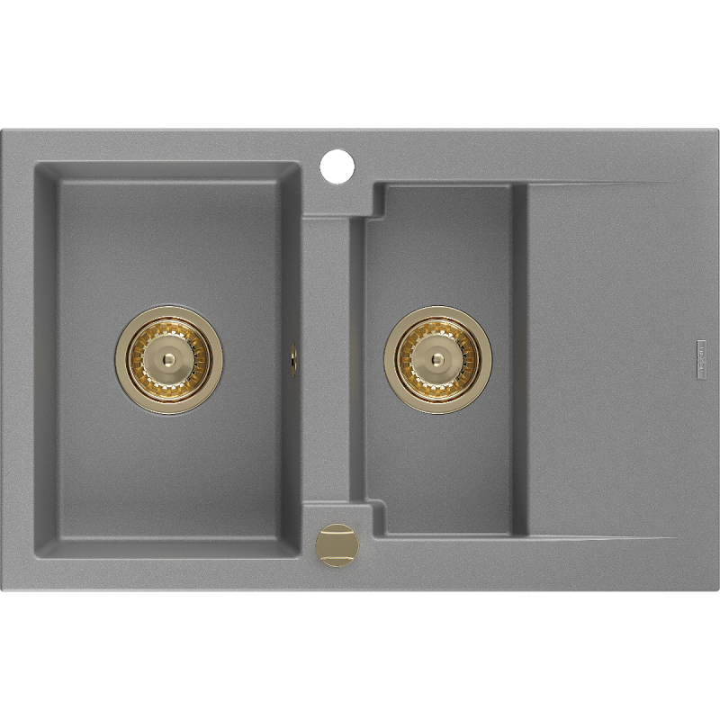Mexen Gaspar granieten gootsteen 1,5-kommer met afdruiprek 737 x 475 mm, grijs, gouden sifon - 6507731505-71-G