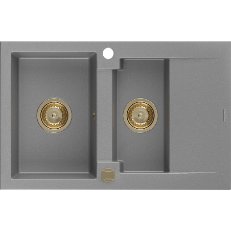 Mexen Gaspar granieten gootsteen 1,5-kommer met afdruiprek 737 x 475 mm, grijs, gouden sifon - 6507731505-71-G