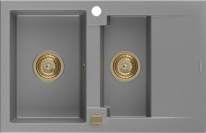 Mexen Gaspar granieten gootsteen 1,5-kommer met afdruiprek 737 x 475 mm, grijs, gouden sifon - 6507731505-71-G