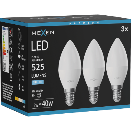 Mexen Nova 3x LED-Glühbirne E14, C37, 5W, Kalt - 6500K, 525 lm - L102-E14-0565-01x03