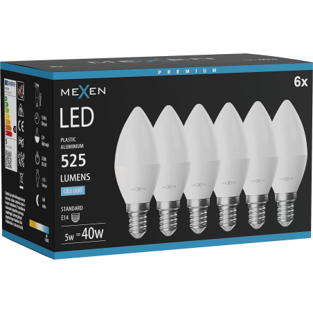 Mexen Nova 6x LED-Glühbirne E14, C37, 5W, Kalt - 6500K, 525 lm - L102-E14-0565-01x06