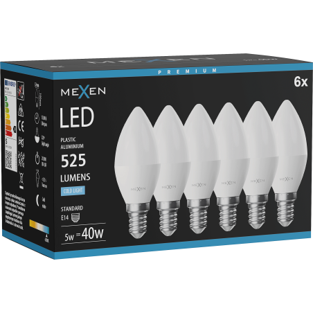 Mexen Nova 6x LED spuldze E14, C37, 5W, Aukstā - 6500K, 525 lm - L102-E14-0565-01x06