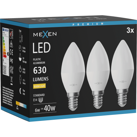 Mexen Nova 3x LED spuldze E14, C37, 6W, Silts - 3000K, 630 lm - L102-E14-0630-01x03