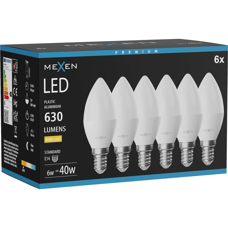 Mexen Nova 6x Bombilla LED E14, C37, 6W, Cálida - 3000K, 630 lm - L102-E14-0630-01x06