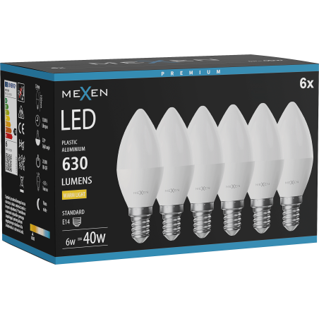 Mexen Nova 6x LED spuldze E14, C37, 6W, Silta - 3000K, 630 lm - L102-E14-0630-01x06