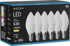 Mexen Nova 6x LED-lamp E14, C37, 6W, Soe - 3000K, 630 lm - L102-E14-0630-01x06
