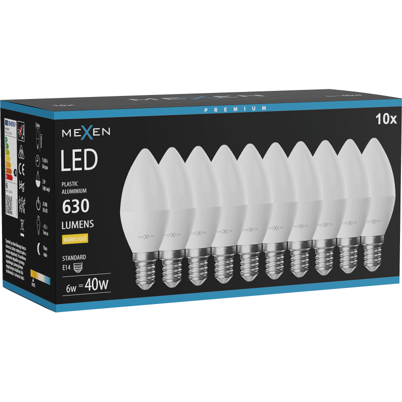 Mexen Nova 10x Ampoule LED E14, C37, 6W, Chaude - 3000K, 630 lm - L102-E14-0630-01x10