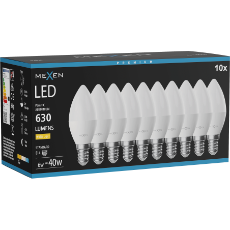 Mexen Nova 10x bombilla LED E14, C37, 6W, Cálida - 3000K, 630 lm - L102-E14-0630-01x10