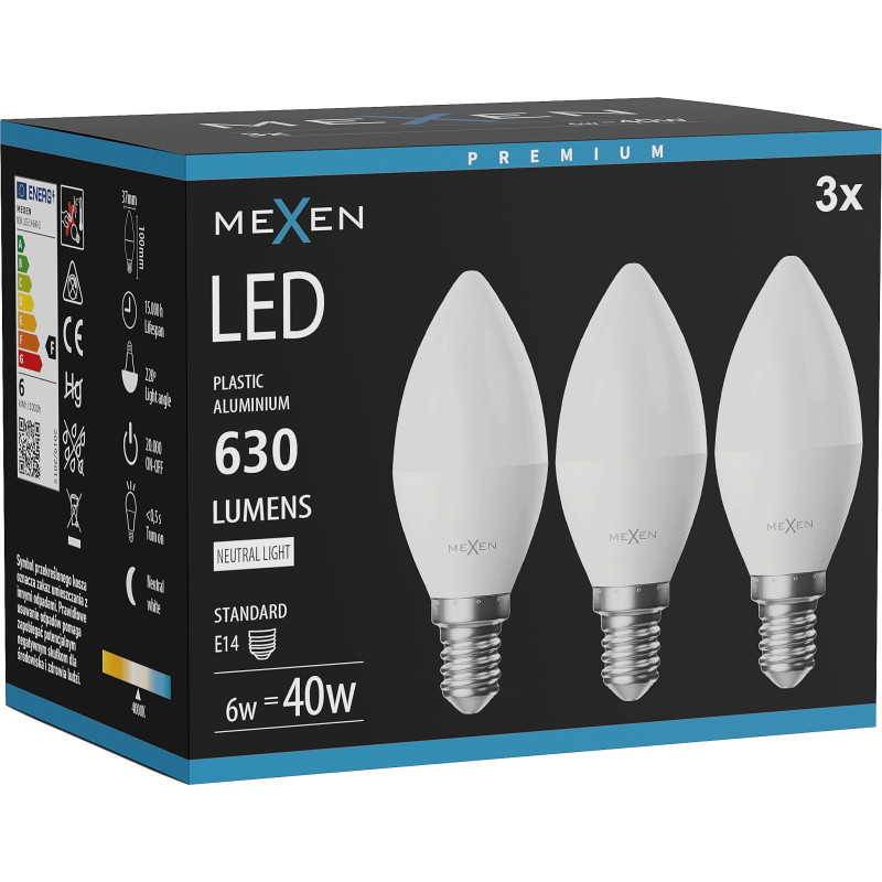 Mexen Nova 3x Bombilla LED E14, C37, 6W, Neutra - 4000K, 630 lm - L102-E14-0640-01x03