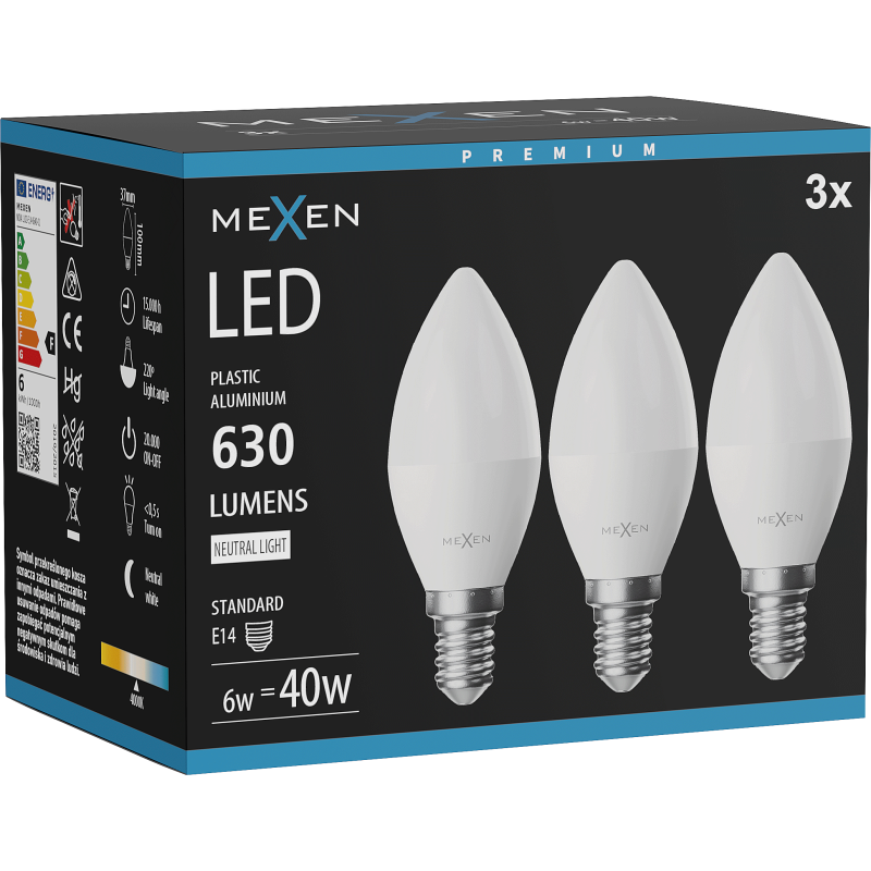 Mexen Nova 3x LED Bulb E14, C37, 6W, Neutral - 4000K, 630 lm - L102-E14-0640-01x03