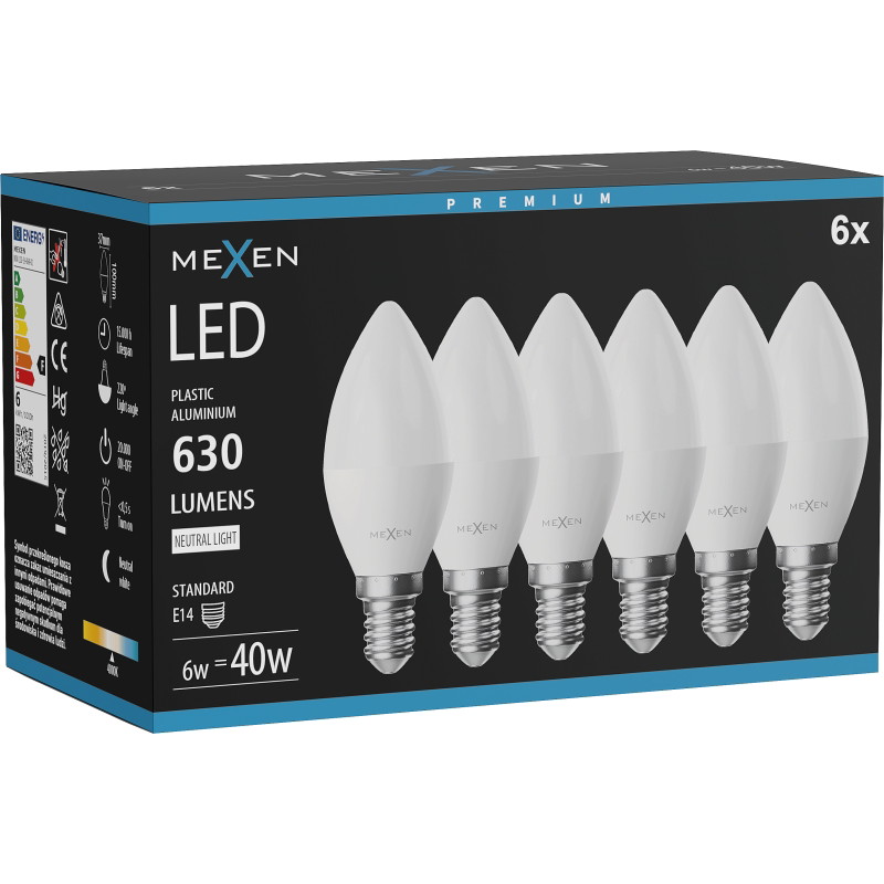 Mexen Nova 6x LED-lampa E14, C37, 6W, Neutral - 4000K, 630 lm - L102-E14-0640-01x06