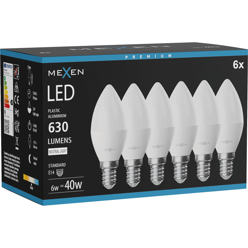 Mexen Nova 6x żarówka LED E14, C37, 6W, Neutralna - 4000K, 630 lm - L102-E14-0640-01x06