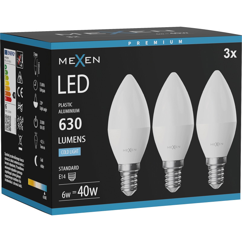 Mexen Nova 3x Bombilla LED E14, C37, 6W, Fría - 6500K, 630 lm - L102-E14-0665-01x03