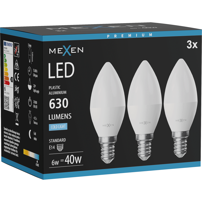 Mexen Nova 3x żarówka LED E14, C37, 6W, Zimna  - 6500K, 630 lm - L102-E14-0665-01x03