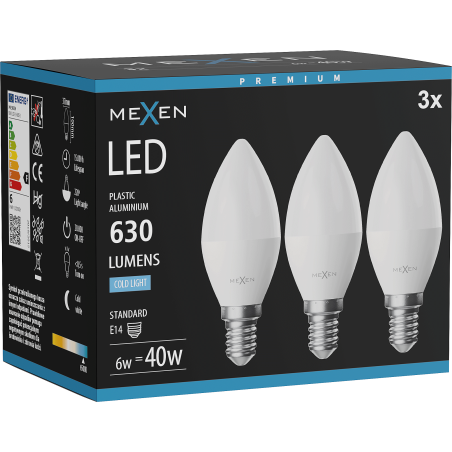 Mexen Nova 3x Lampadina LED E14, C37, 6W, Fredda - 6500K, 630 lm - L102-E14-0665-01x03