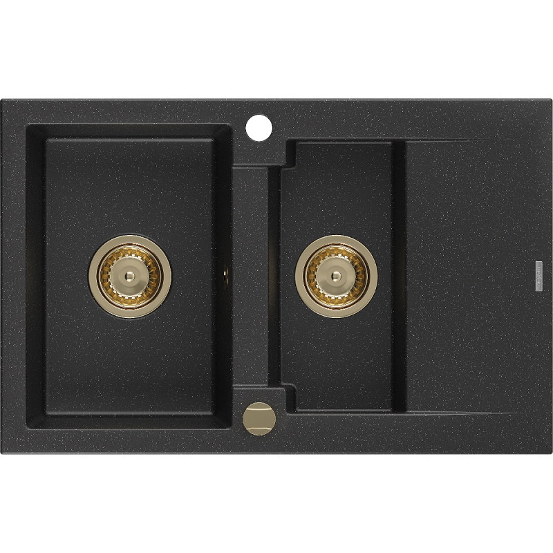 Mexen Gaspar évier en granit 1,5 bac avec égouttoir 737 x 475 mm, noir/métallisé argent, siphon doré - 6507731505-73-G