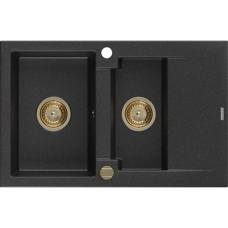 Mexen Gaspar Granitspüle 1,5 Becken mit Abtropffläche 737 x 475 mm, schwarz/silber metallic, goldener Siphon - 6507731505-73-G