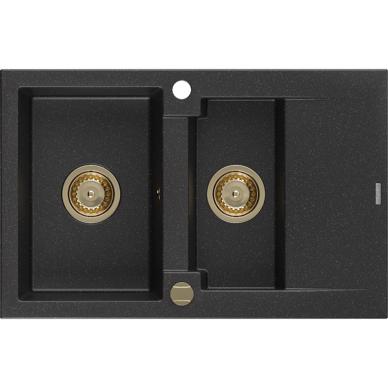 Mexen Gaspar Granitspüle 1,5-Becken mit Abtropffläche 737 x 475 mm, schwarz/silber Metallik, goldener Siphon - 6507731505-73-G
