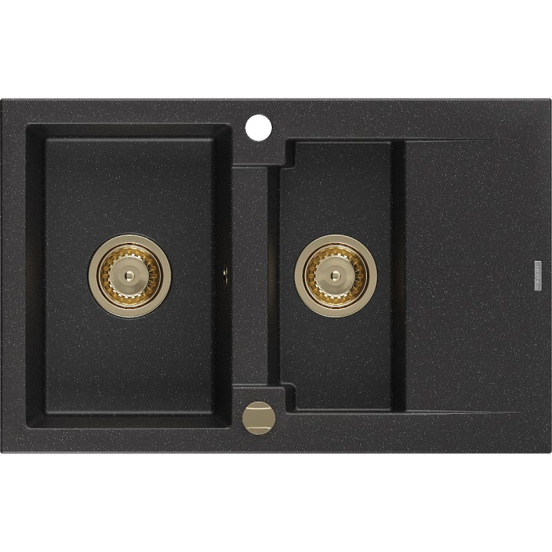 Mexen Gaspar zlewozmywak granitowy 1,5-komorowy z ociekaczem 737 x 475 mm, czarny/srebrny metalik, syfon złoty - 6507731505-73-G