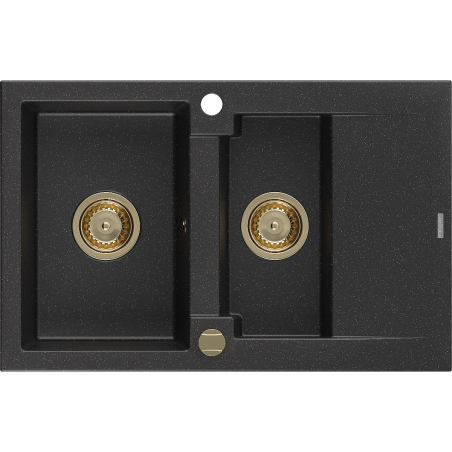 Mexen Gaspar évier en granit 1,5 bac avec égouttoir 737 x 475 mm, noir/métallisé argenté, siphon doré - 6507731505-73-G
