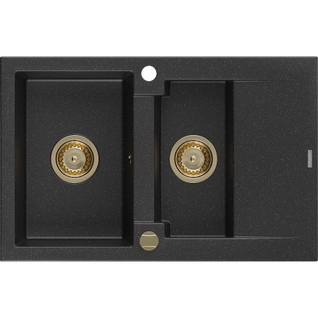 Mexen Gaspar Granitspüle 1,5-Becken mit Abtropffläche 737 x 475 mm, schwarz/silber Metallik, goldener Siphon - 6507731505-73-G