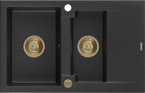 Mexen Gaspar Granitspüle 1,5-Becken mit Abtropffläche 737 x 475 mm, schwarz/silber Metallik, goldener Siphon - 6507731505-73-G