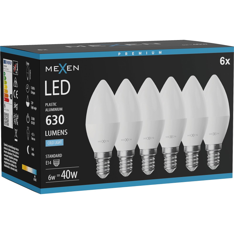 Mexen Nova 6x LED-lampa E14, C37, 6W, Kall - 6500K, 630 lm - L102-E14-0665-01x06