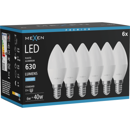 Mexen Nova 6x Lampadina LED E14, C37, 6W, Fredda - 6500K, 630 lm - L102-E14-0665-01x06