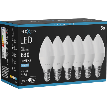 Mexen Nova 6x LED-lampa E14, C37, 6W, Kall - 6500K, 630 lm - L102-E14-0665-01x06