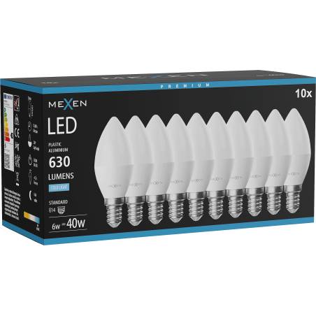 Mexen Nova 10x LED-Glühbirne E14, C37, 6W, Kalt - 6500K, 630 lm - L102-E14-0665-01x10