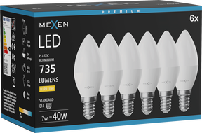 Mexen Nova 6x LED-lamp E14, C37, 7W, Soe - 3000K, 735 lm - L102-E14-0730-01x06