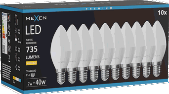 Mexen Nova 10x LED-pirn E14, C37, 7W, Soe - 3000K, 735 lm - L102-E14-0730-01x10