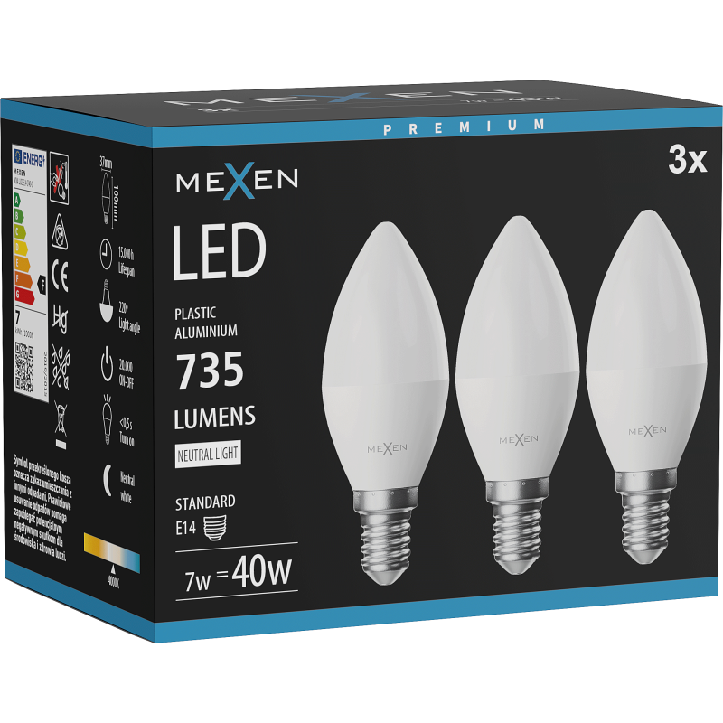Mexen Nova 3x żarówka LED E14, C37, 7W, Neutralna - 4000K, 735 lm - L102-E14-0740-01x03