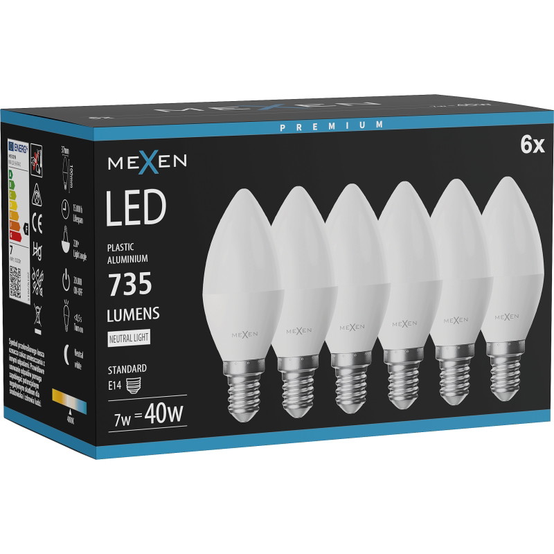 Mexen Nova 6x Bombilla LED E14, C37, 7W, Neutro - 4000K, 735 lm - L102-E14-0740-01x06