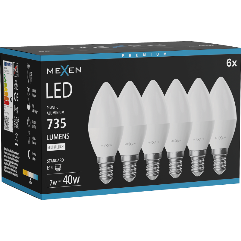 Mexen Nova 6x żarówka LED E14, C37, 7W, Neutralna - 4000K, 735 lm - L102-E14-0740-01x06