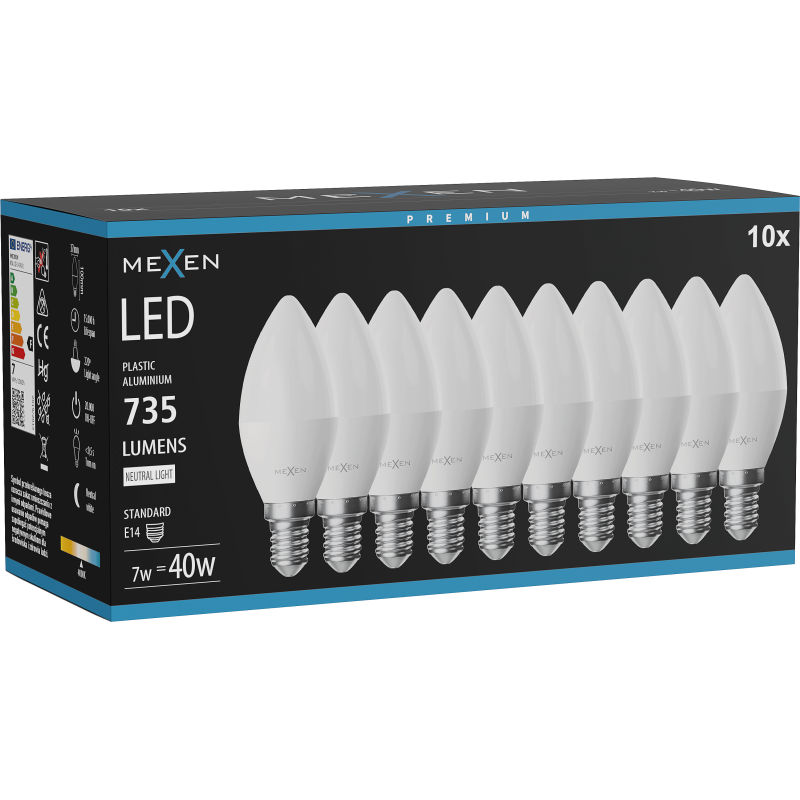 Mexen Nova 10x LED-lamp E14, C37, 7W, Neutraal - 4000K, 735 lm - L102-E14-0740-01x10