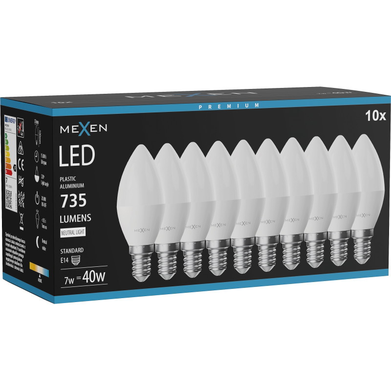 Mexen Nova 10x LED-lampa E14, C37, 7W, Neutral - 4000K, 735 lm - L102-E14-0740-01x10