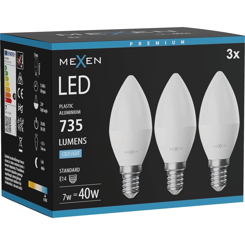 Mexen Nova 3x LED lamp E14, C37, 7W, Külm - 6500K, 735 lm - L102-E14-0765-01x03