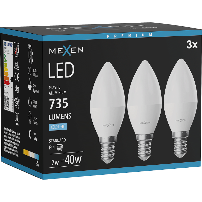 Mexen Nova 3x LED-lamppu E14, C37, 7W, Kylmä - 6500K, 735 lm - L102-E14-0765-01x03