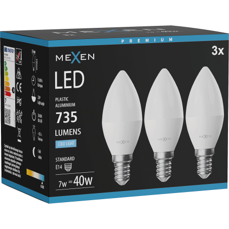Mexen Nova 3x LED-lampa E14, C37, 7W, Kall - 6500K, 735 lm - L102-E14-0765-01x03