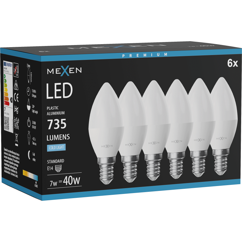 Mexen Nova 6x LED Bir E14, C37, 7W, Kal - 6500K, 735 lm - L102-E14-0765-01x06