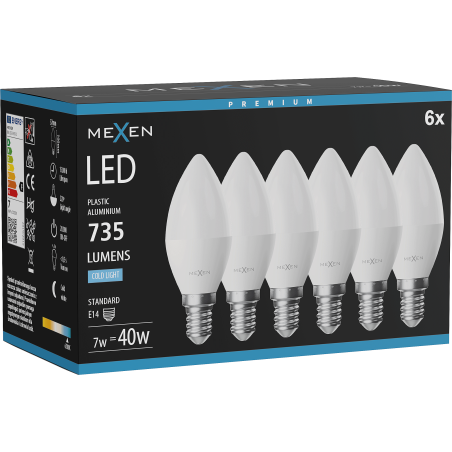 Mexen Nova 6x LED-Glühbirne E14, C37, 7W, Kalt - 6500K, 735 lm - L102-E14-0765-01x06
